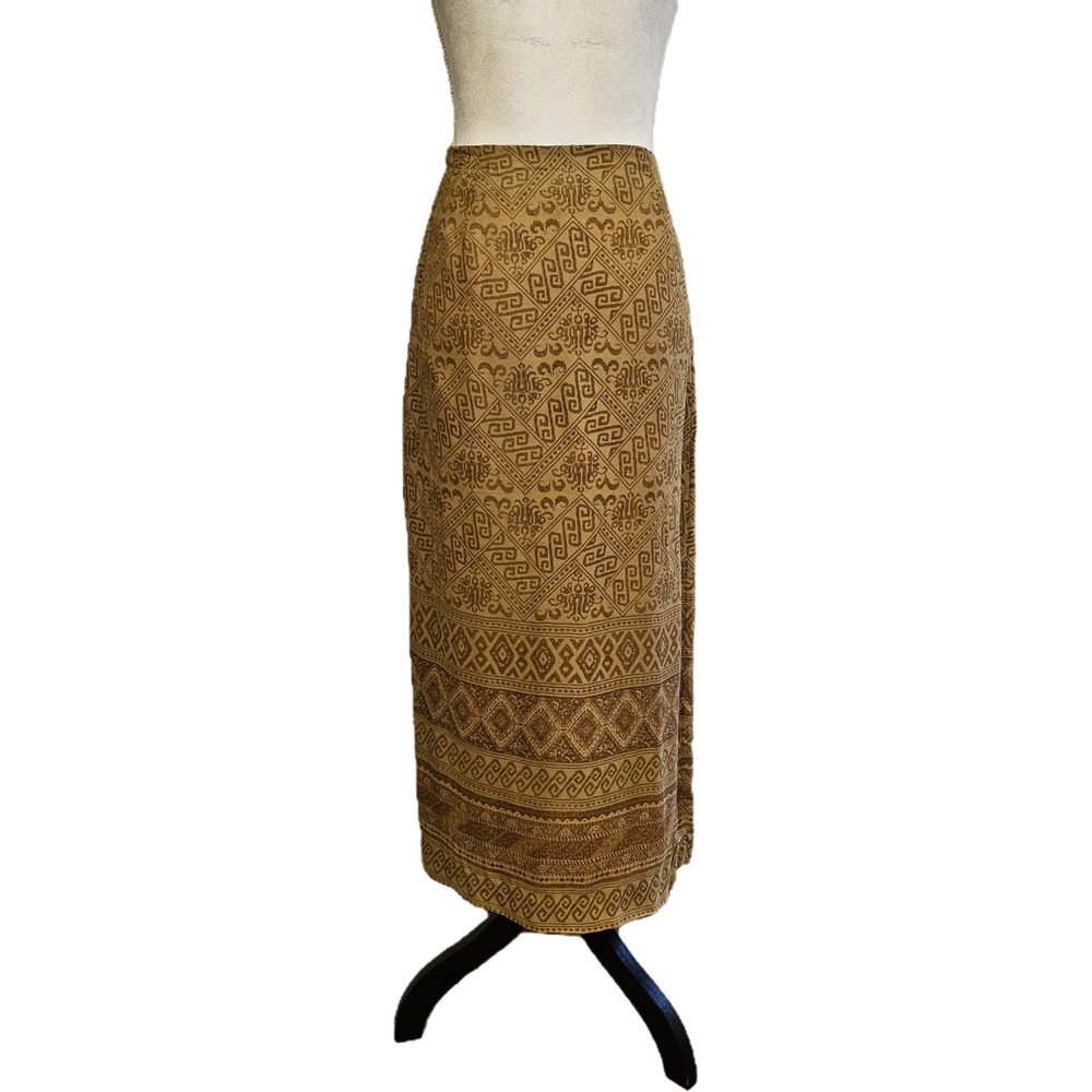 Vintage Jones New York Silk Brown Egyptian Print Maxi Wrap Skirt Size 10 Neutral